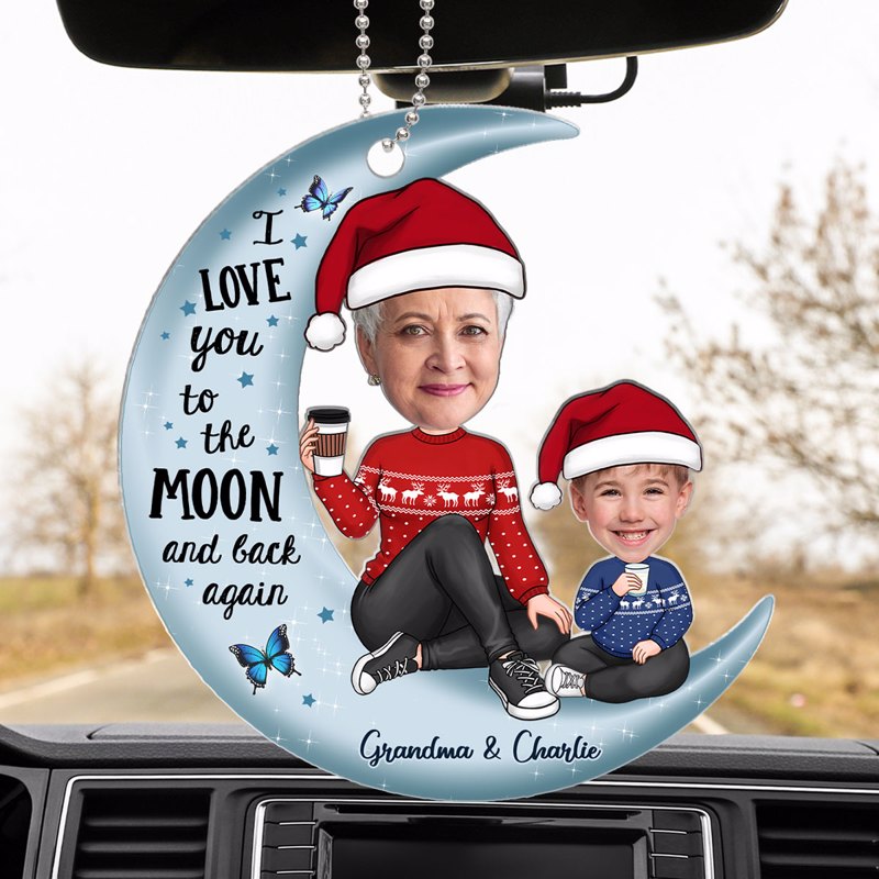 Face Photo Grandma & Grandkid On Moon Personalized Acrylic Car Hanger