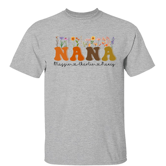 Fall Autumn Flowers Leaves On Text Grandma Mom Personalized Shirt